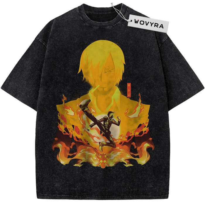 One Piece Sanji Flame Vintage T-Shirt with yellow and orange flames around a layered character portrait
