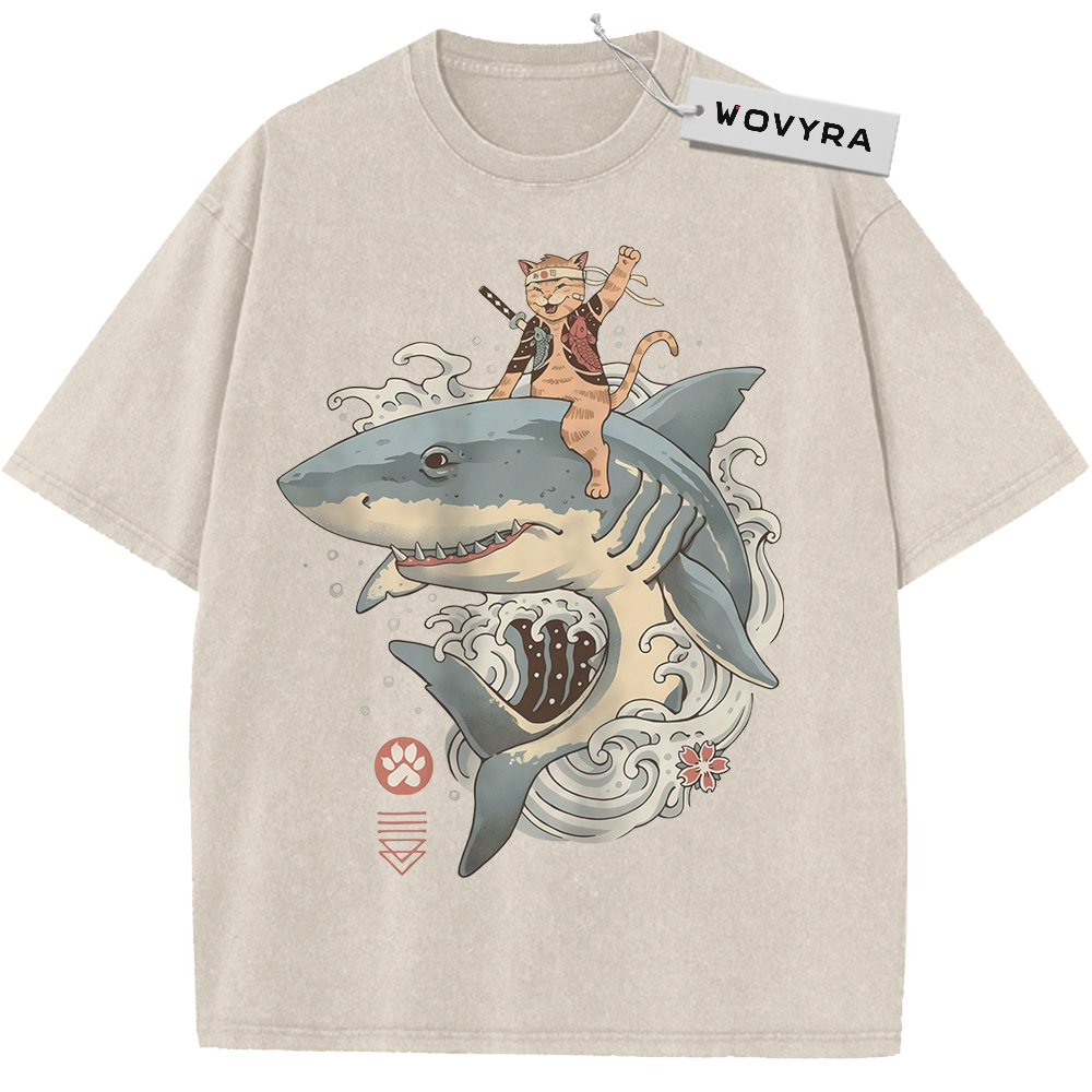 Samurai Cat & Shark Wave Rider Vintage T-Shirt with a small sword-carrying cat riding a shark through curling waves