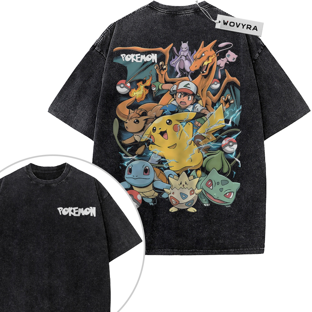 Pokemon Trainer & Character Collage 2-Sided Vintage T-Shirt with a trainer surrounded by a colorful group of Pokemon characters