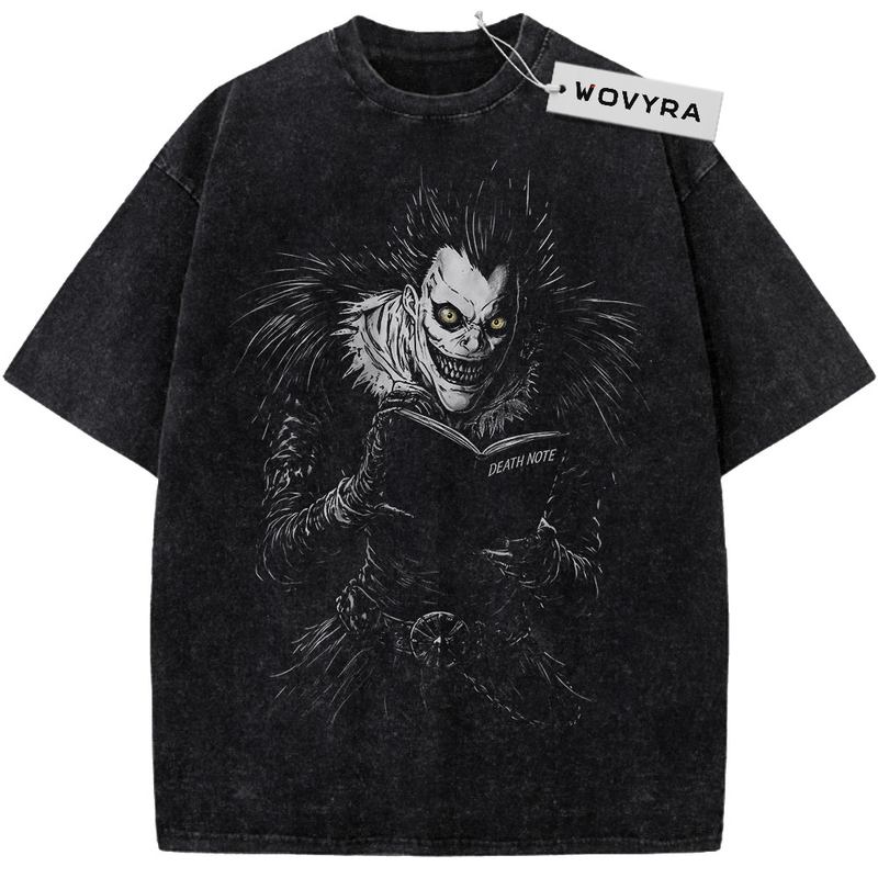 Vintage T-shirt featuring a dark Ryuk portrait with pale eyes and spiky feather-like details