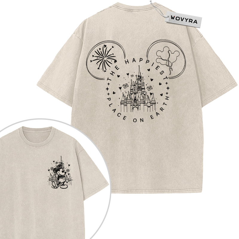 Mickey Mouse Castle Celebration 2-Sided Vintage T-Shirt with a castle silhouette, fireworks and a Mickey-shaped outline