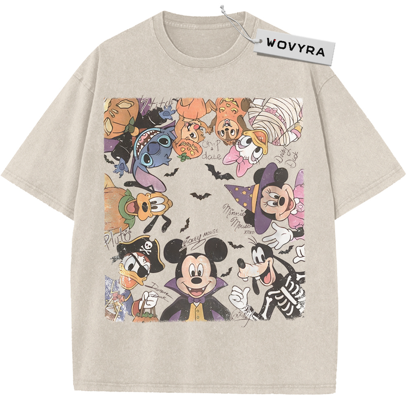 Vintage T-shirt featuring Disney characters in Halloween outfits arranged around a pale central space
