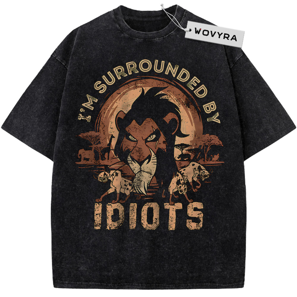 The Lion King Scar Surrounded by Idiots Vintage T-Shirt with Scar and small hyena figures framed by bold gold lettering