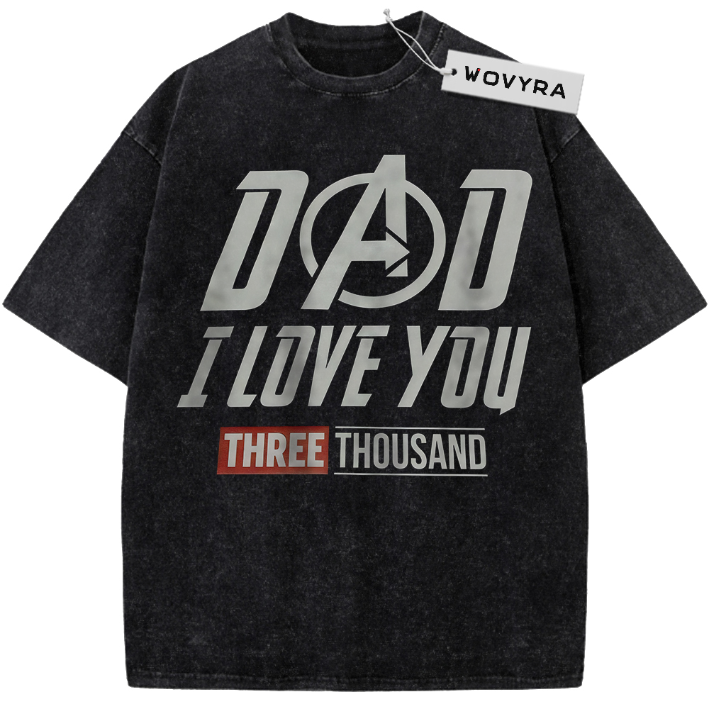Vintage T-shirt featuring bold Dad I Love You Three Thousand lettering with a superhero-style A symbol