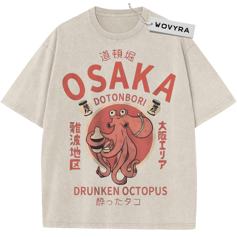 Osaka Dotonbori Octopus Drunken Octopus Vintage T-Shirt with a pink octopus beneath large Osaka lettering