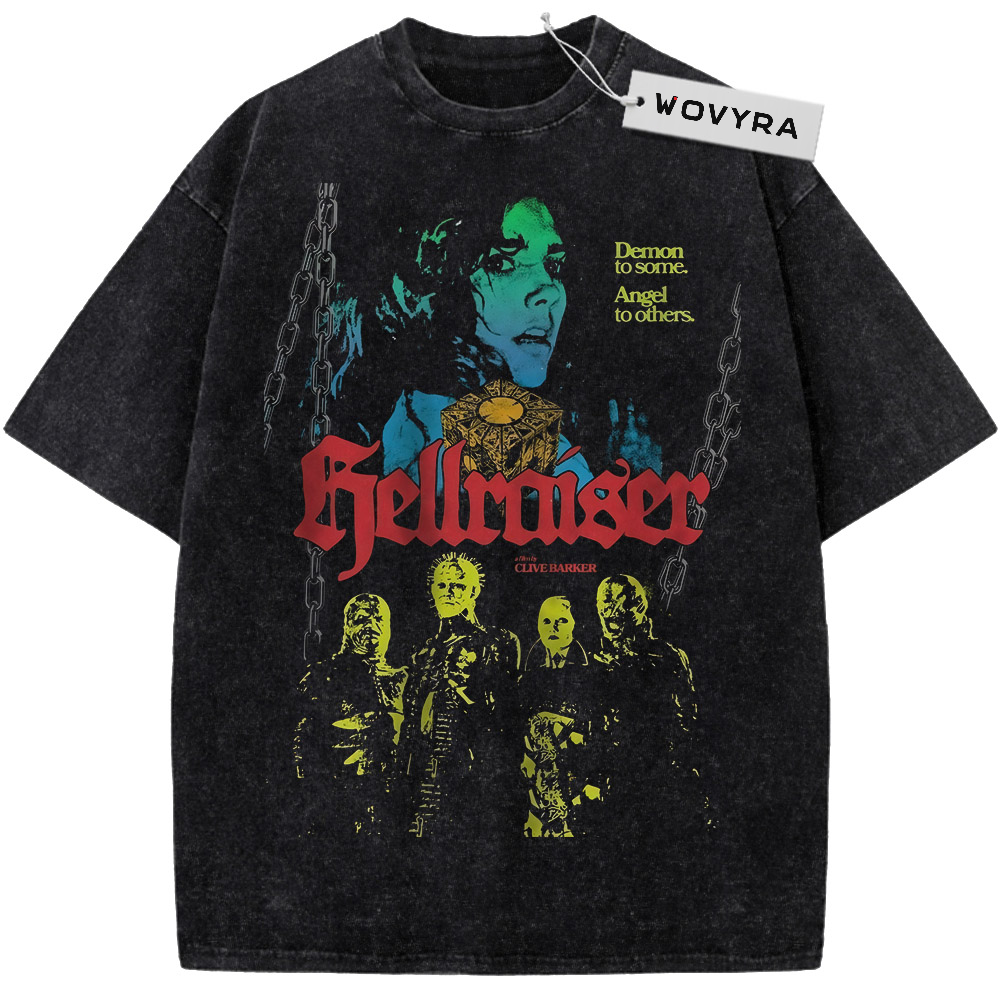 Hellraiser Green Horror Poster Vintage T-Shirt with green-toned faces, hanging chains and bold red title lettering