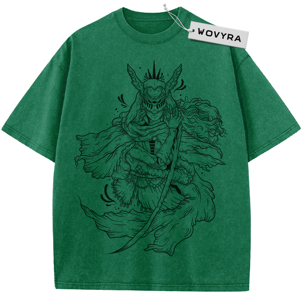 Green horned warrior T-shirt with black line-art character illustration