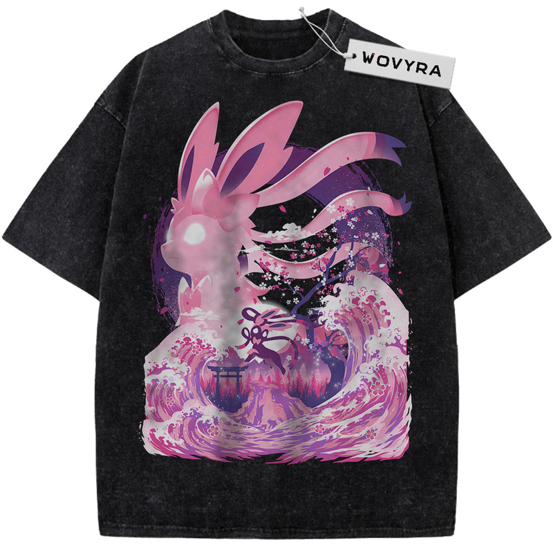Pokemon Sylveon Pink Wave Vintage T-Shirt with a pink silhouette above curling waves and a small figure