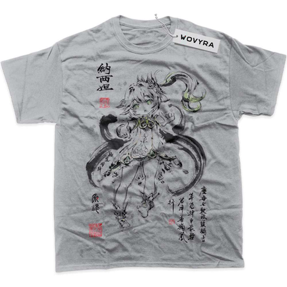 Gray Nahida Genshin Impact T-shirt with ink-style character artwork and red accents