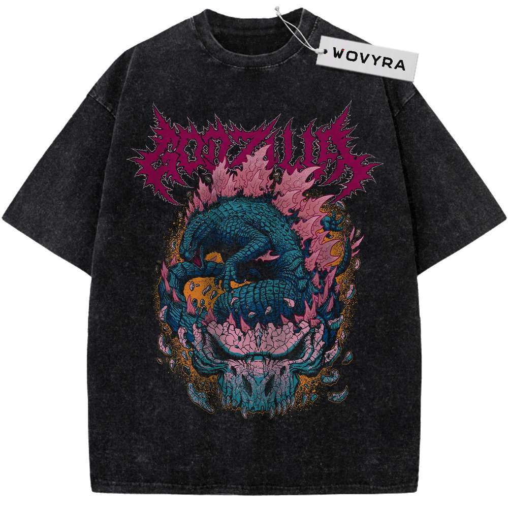 Kaiju Neon Monster Skull Vintage T-Shirt with a blue monster skull surrounded by pink flame-like shapes