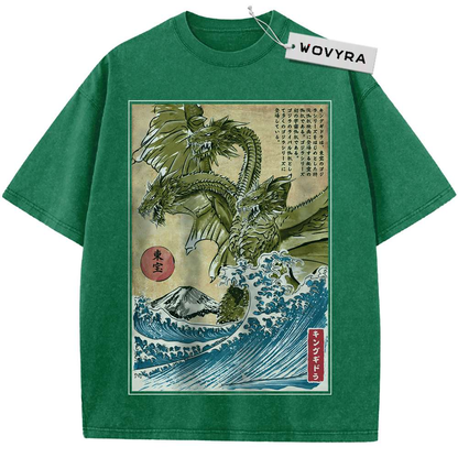 Green King Ghidorah T-shirt with a framed three-headed dragon and blue wave print