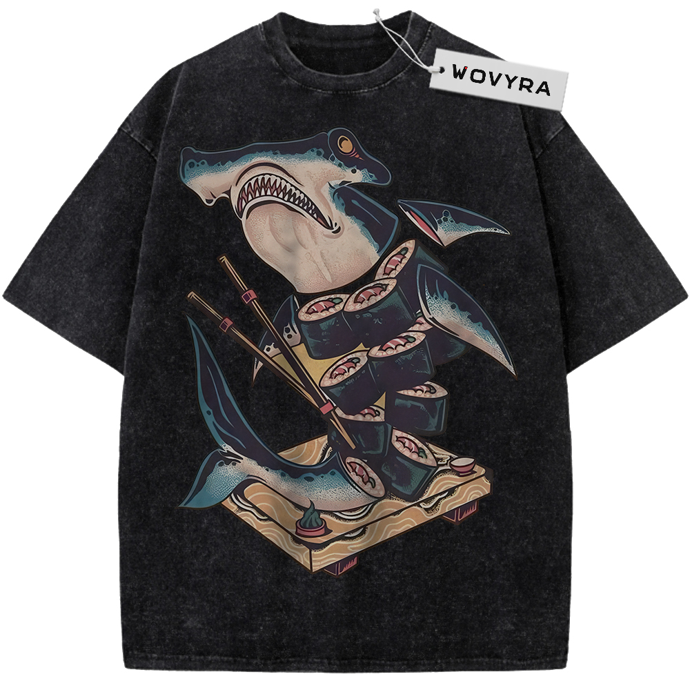 Black Sushi Shark T-shirt with a cartoon shark holding chopsticks