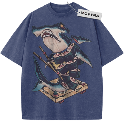 Blue Sushi Shark T-shirt with a cartoon shark holding chopsticks