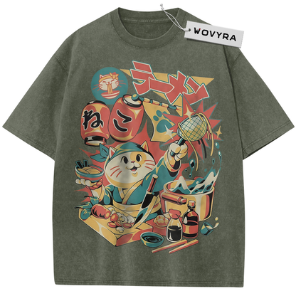 Olive green Neko Ramen Cat T-shirt with a colorful cat and noodle-shop collage