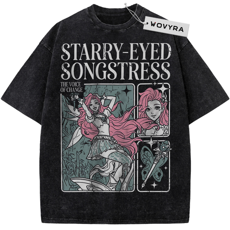 Vintage T-shirt featuring a pink-haired Seraphine collage beneath large pale title lettering