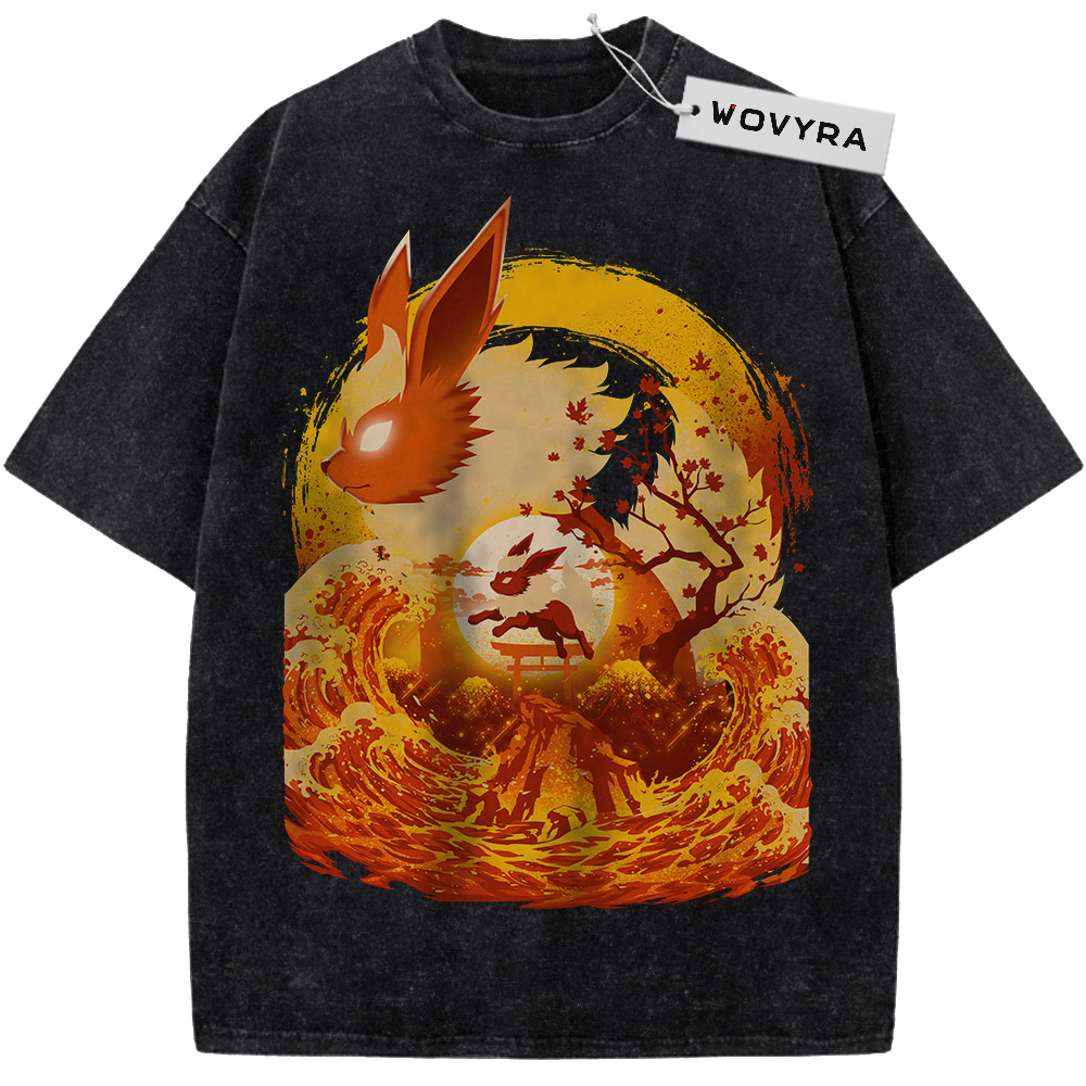Pokemon Flareon Fire Wave Vintage T-Shirt with an orange silhouette above fiery waves and a red sun