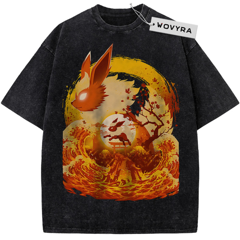 Pokemon Flareon Fire Wave Vintage T-Shirt with an orange silhouette above fiery waves and a red sun