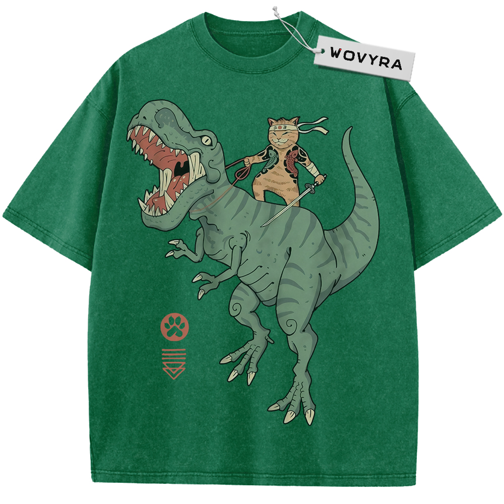 Green Samurai Cat Dinosaur T-shirt with a sword-carrying cat riding a green dinosaur