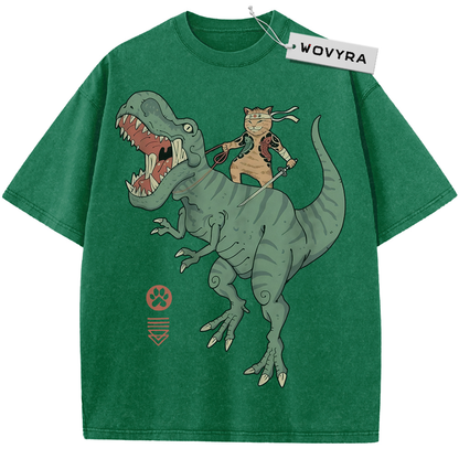 Green Samurai Cat Dinosaur T-shirt with a sword-carrying cat riding a green dinosaur