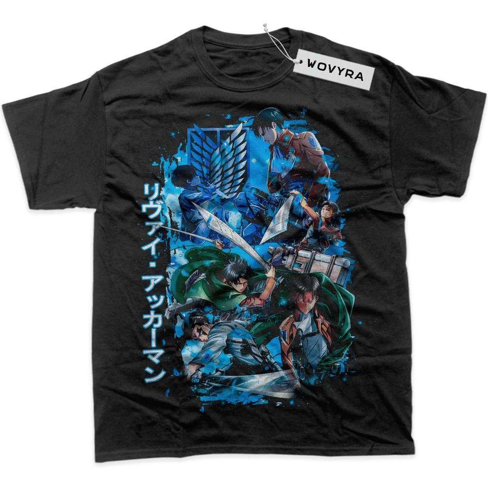 Black WOVYRA Levi Ackerman Attack on Titan Blue Collage Classic Tee