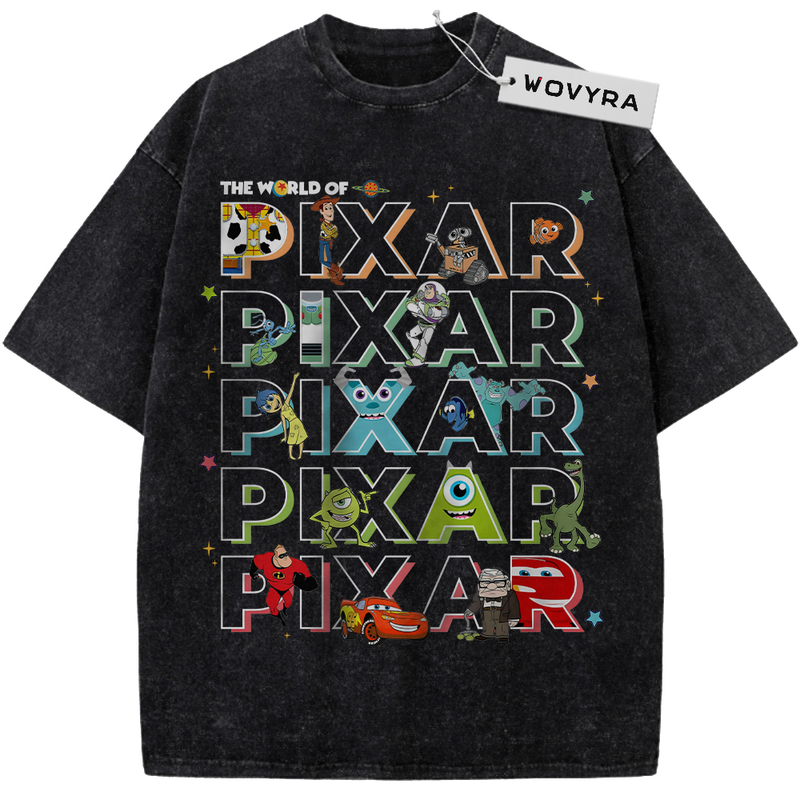 Pixar Stacked Character Letters Vintage T-Shirt with stacked Pixar lettering filled with colorful character details