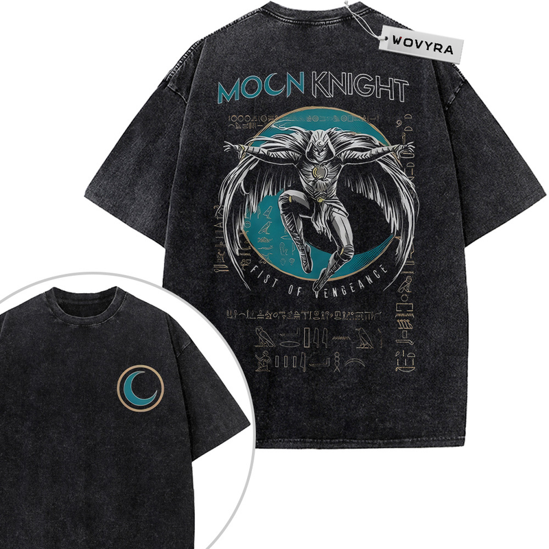 2-sided vintage T-shirt featuring Moon Knight in a circular teal composition with crescent-moon details