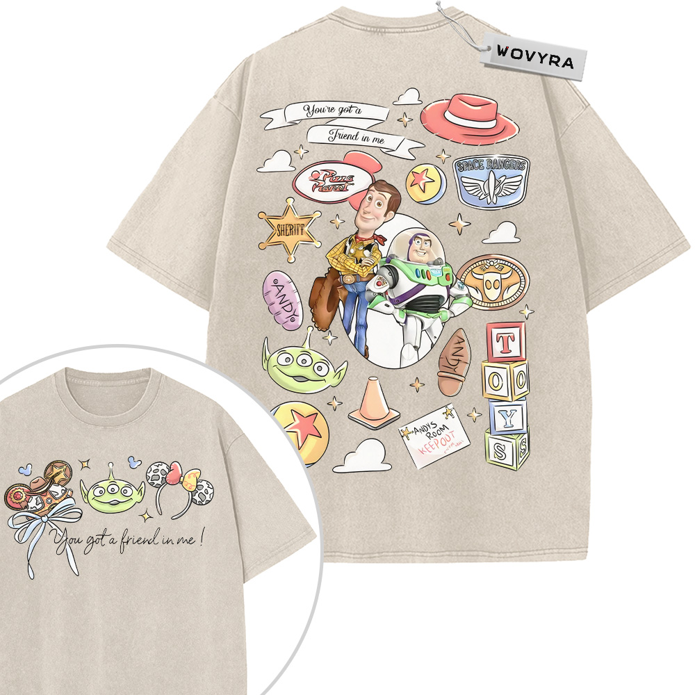 Toy Story Sticker Collage 2-Sided Vintage T-Shirt with cartoon characters, stars and playful sticker-style illustrations