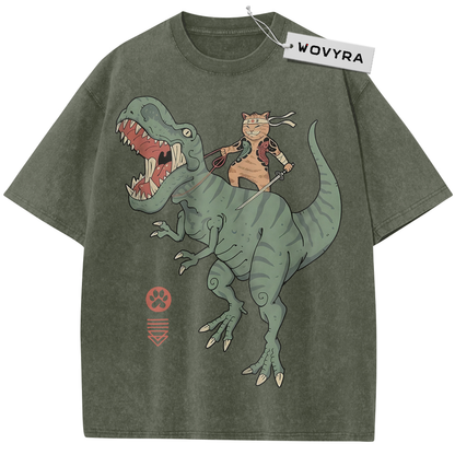 Olive green Samurai Cat Dinosaur T-shirt with a sword-carrying cat riding a green dinosaur