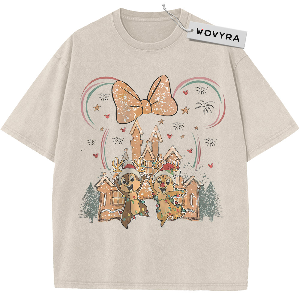 Chip & Dale Christmas Castle Vintage T-Shirt with two chipmunks beside a festive castle, bow and fireworks