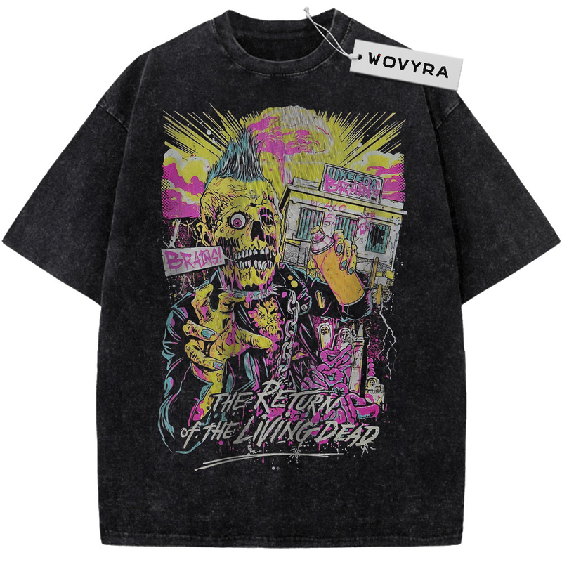Vintage T-shirt featuring a neon yellow and pink horror poster composition with a skeletal figure