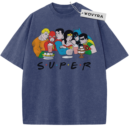 Blue vintage T-shirt featuring a Justice League cartoon group with cups and SUPER lettering