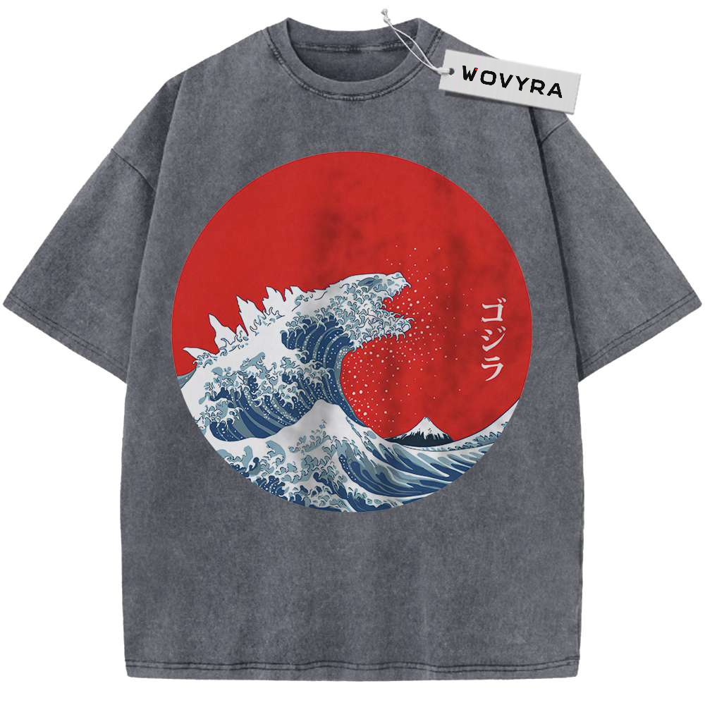 Charcoal gray kaiju T-shirt with a monster-shaped blue wave and red sun graphic