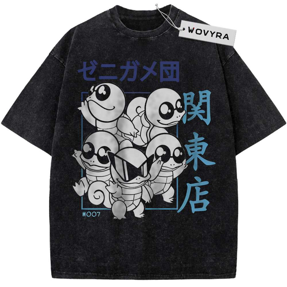 Vintage T-shirt featuring a group of Squirtle illustrations with blue Japanese lettering