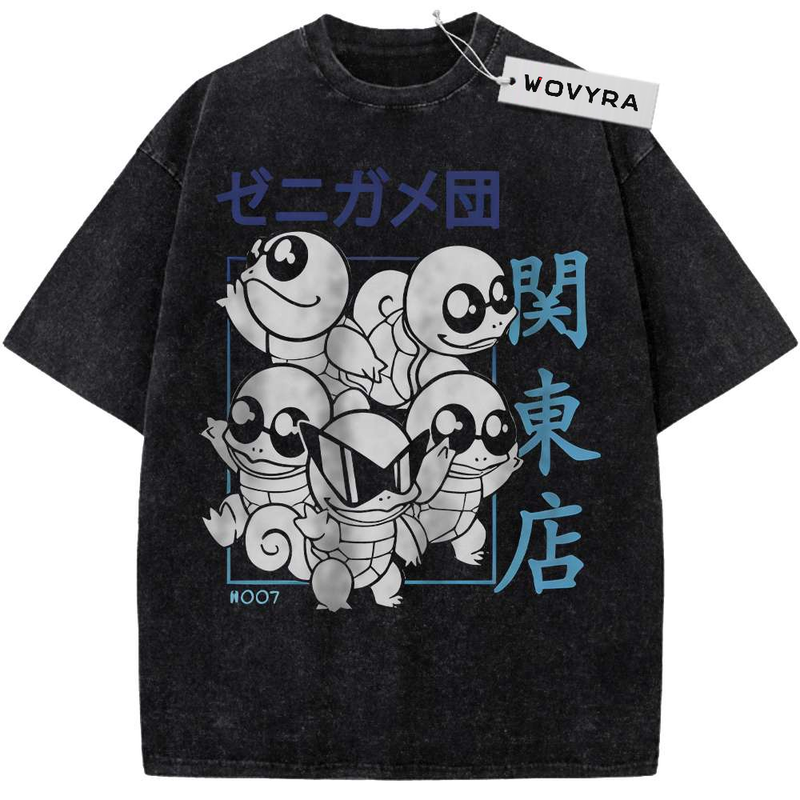 Vintage T-shirt featuring a group of Squirtle illustrations with blue Japanese lettering