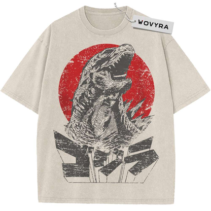 Kaiju Red Sun Roar Vintage T-Shirt with a roaring monster in dark ink lines against a red sun