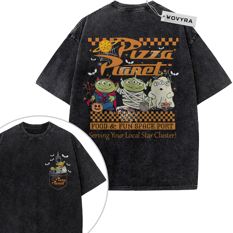 Toy Story Aliens Pizza Planet 2-Sided Vintage T-Shirt with Pizza Planet lettering with three costumed alien characters