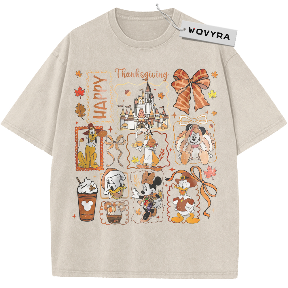 Vintage T-shirt featuring Disney characters, autumn leaves and a castle arranged in a seasonal collage