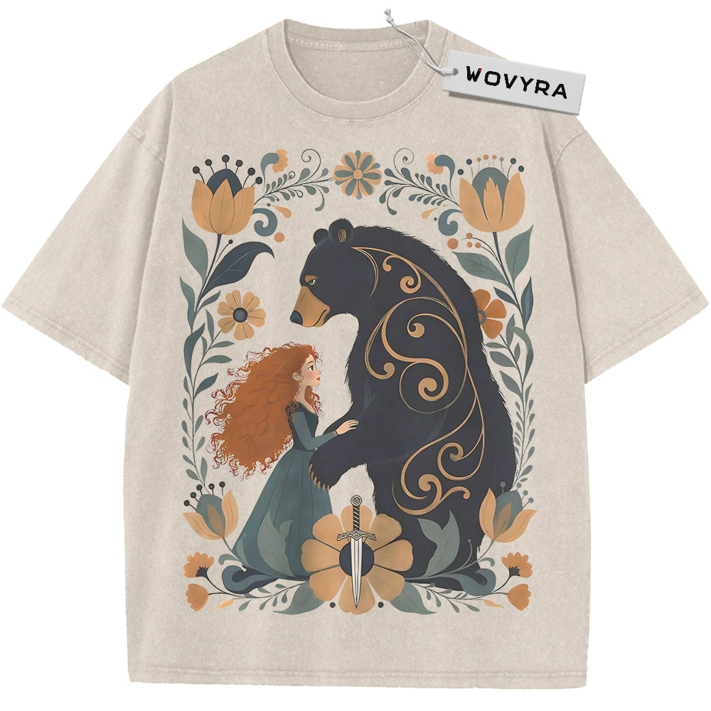 Brave Merida Bear & Flowers Vintage T-Shirt with a red-haired figure facing a bear inside a floral frame