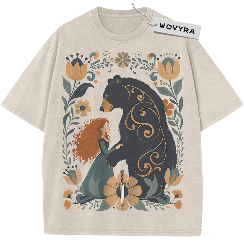 Brave Merida Bear & Flowers Vintage T-Shirt with a red-haired figure facing a bear inside a floral frame