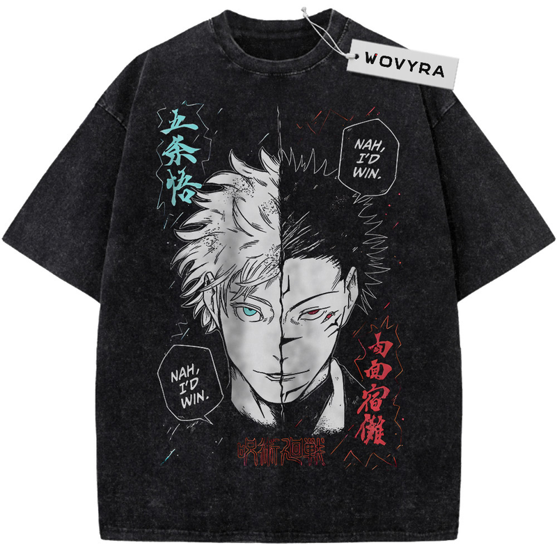 Vintage T-shirt featuring a split portrait of Gojo Satoru and Sukuna with red and teal lettering