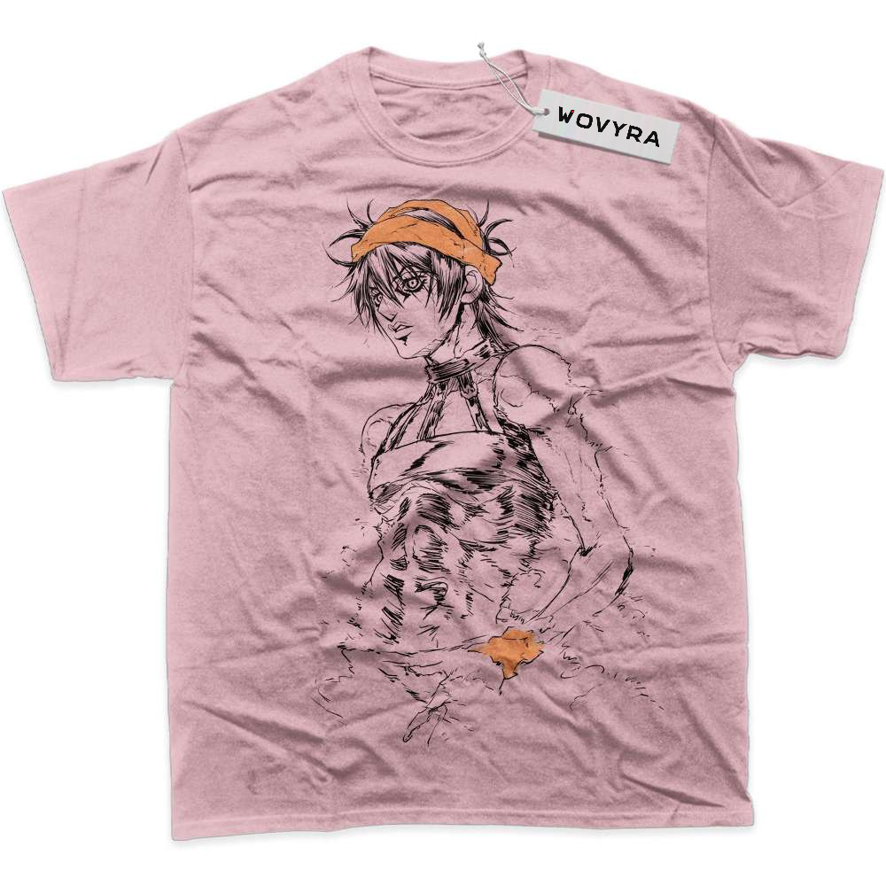 Pink Narancia Ghirga T-shirt with line-drawn character artwork and orange headband