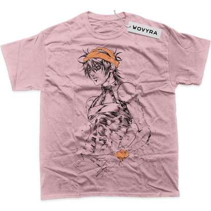 Pink Narancia Ghirga T-shirt with line-drawn character artwork and orange headband