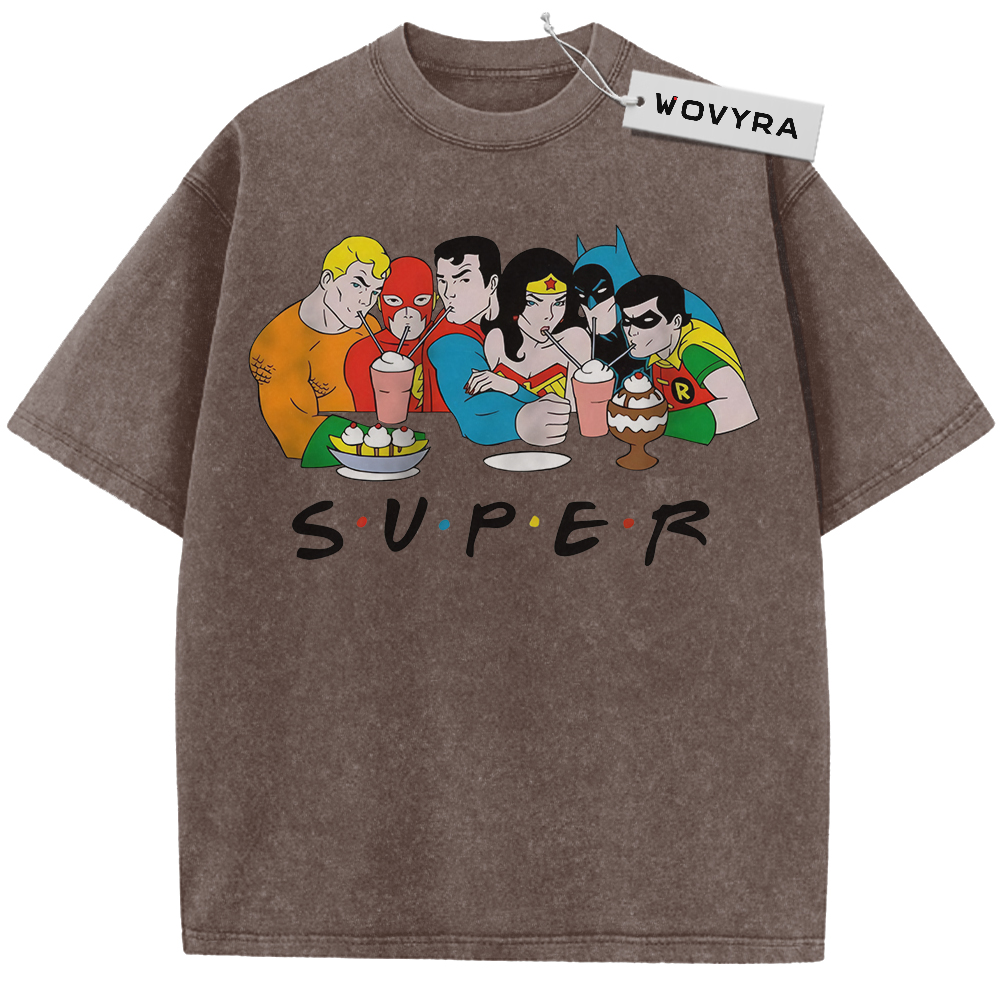 Coffee vintage T-shirt featuring a Justice League cartoon group with cups and SUPER lettering