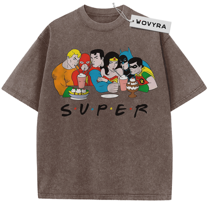 Coffee vintage T-shirt featuring a Justice League cartoon group with cups and SUPER lettering