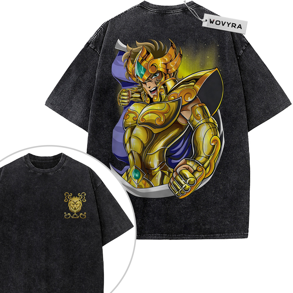 2-sided vintage T-shirt featuring Leo Aiolia in gold armor with blue details and a bright yellow backdrop