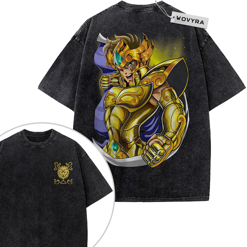 2-sided vintage T-shirt featuring Leo Aiolia in gold armor with blue details and a bright yellow backdrop