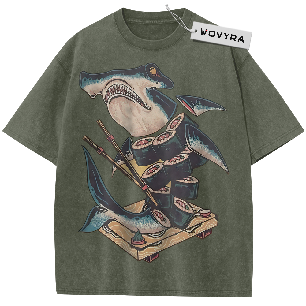 Olive green Sushi Shark T-shirt with a cartoon shark holding chopsticks