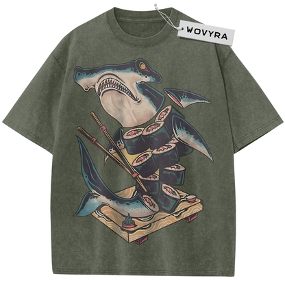 Olive green Sushi Shark T-shirt with a cartoon shark holding chopsticks