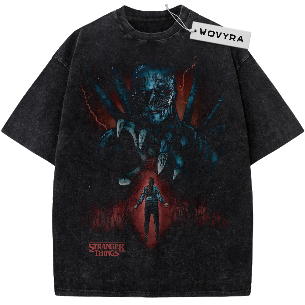 Vintage T-shirt featuring a dark blue looming portrait above a small figure and red background
