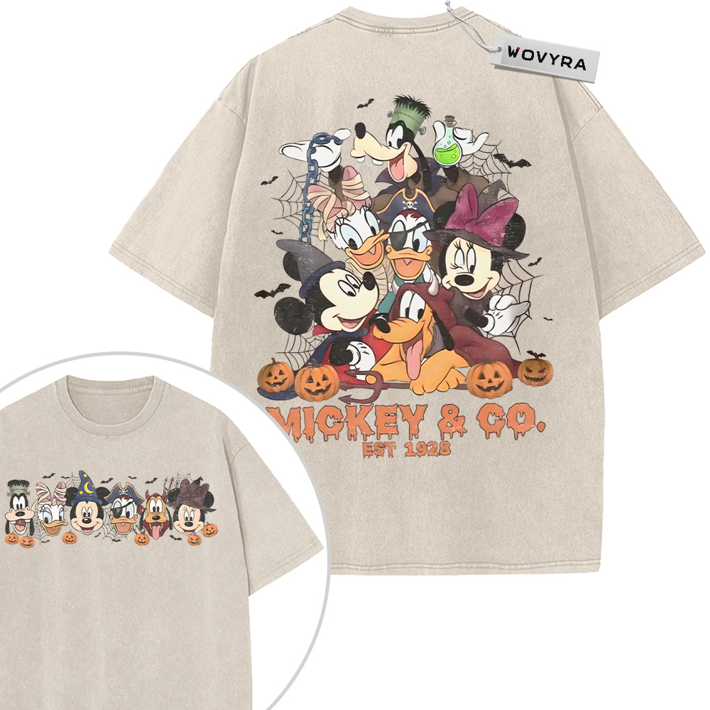 2-sided vintage T-shirt featuring Mickey and friends wearing Halloween outfits above orange Mickey & Co. lettering